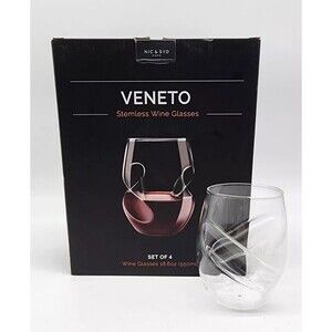 4 Venetian Stemless Wine Glasses NIC & SYD Home Clear Mouth Blown Glass 18 Oz
